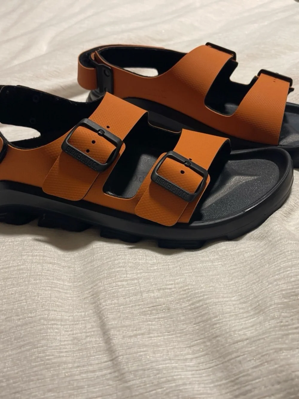 Birkenstock 42s Orange Two-Strap Buckle Sandals with Heel Strap